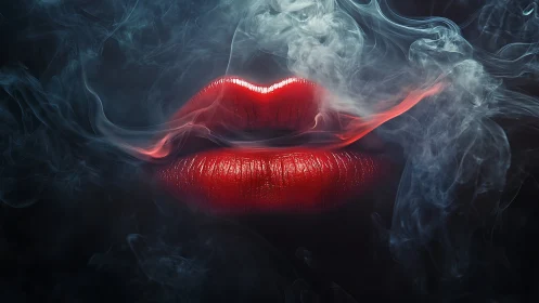 Glossy red lips glow sensually through swirling dark smoke