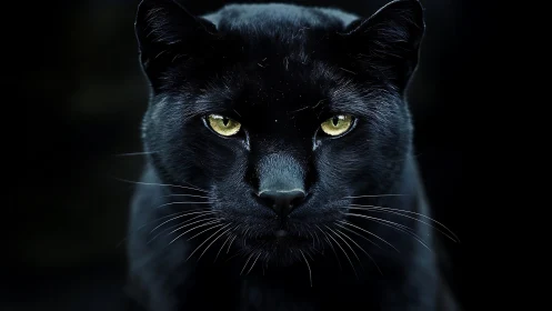 Black Panther with Luminous Amber Eyes Against Dark Background