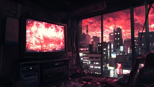 Crimson city skyline glows through neon-lit apartment window.