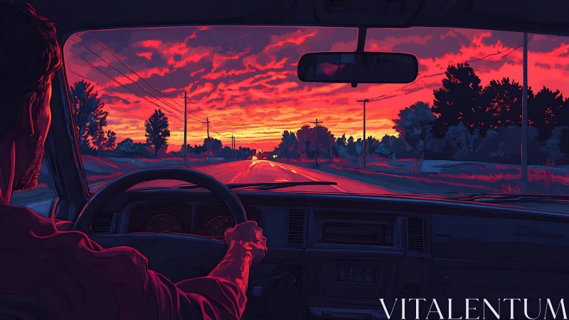 Crimson highway horizon from a lone driver&rsquo;s quiet cockpit.