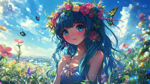 Girl with blue hair stands in bright flower field under sky