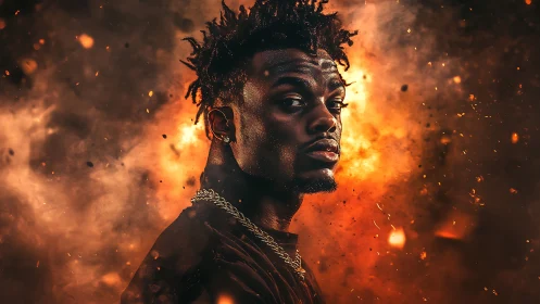 Portrait erupts through blazing ember storm backdrop.