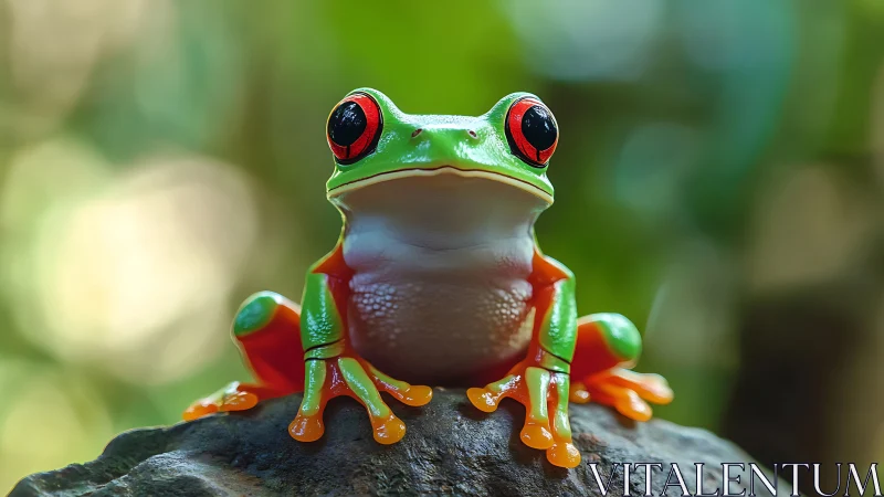 Tree frog sits on rock in shallow depth macro composition