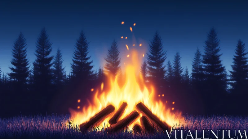 Blazing Convergence: Firelight Dance Through Twilight Pines.