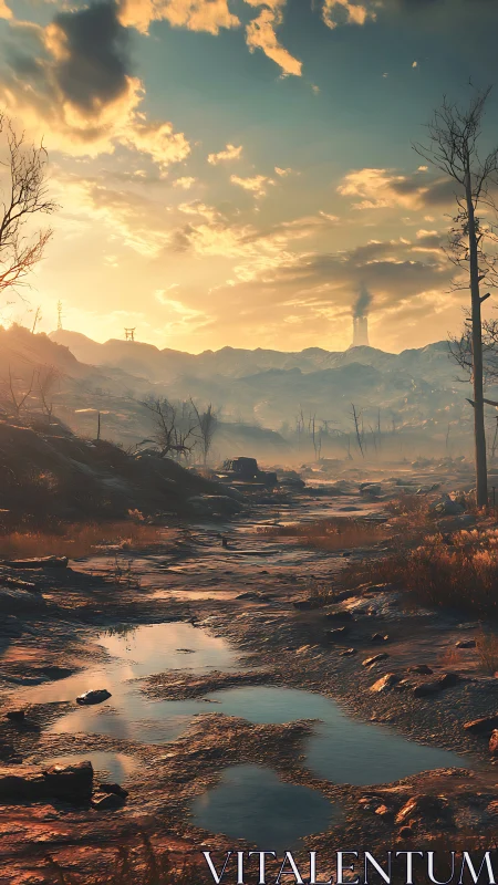 Desolate muddy track through barren valley at sunset.