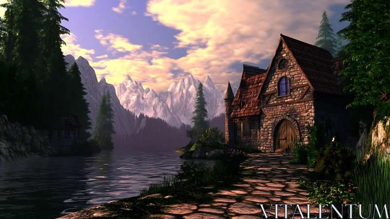 Medieval Stone Chapel by Alpine Lake at Sunset.