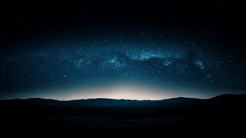 Starry night sky arches above dark mountain silhouettes
