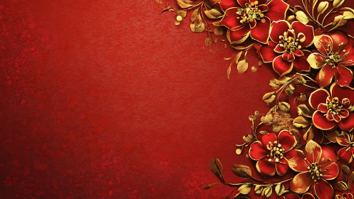 Red and Gold Floral Decorative Border Design on Textured Background.