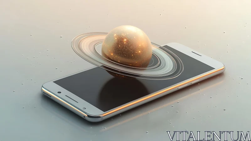 Golden ringed planet gently rising from a sleek phone.