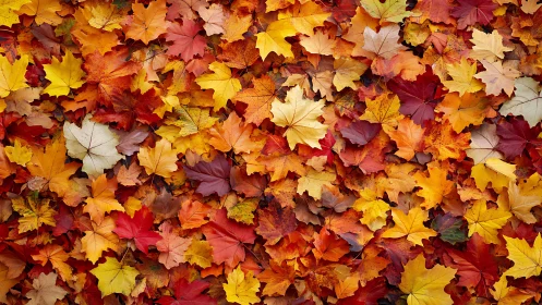 Cozy carpet of colorful autumn maple leaves at rest.