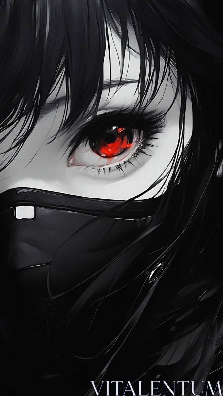 Anime cyber noir portrait with red eye focal isolation.