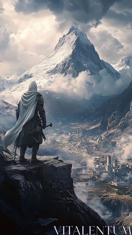 Cloaked adventurer overlooks alpine fortress city in moody light