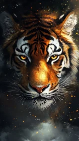 Tiger portrait with glowing eyes in dark abstract space.