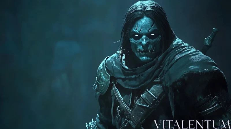 Brooding skeletal warrior wrapped in ghostly teal light.