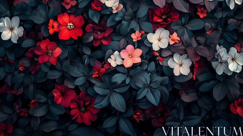 Red and white flowers layered densely over dark blue-green foliage.