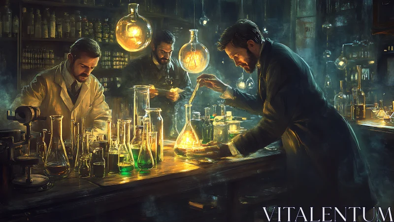 Victorian chemists refine glowing elixir under warm lamps.