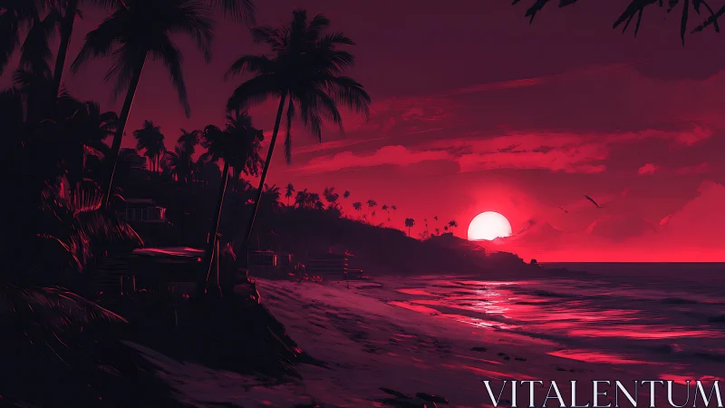 Neon magenta sunset illuminates palm-lined tropical shoreline