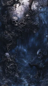 Midnight skull forest where tangled roots whisper secrets.