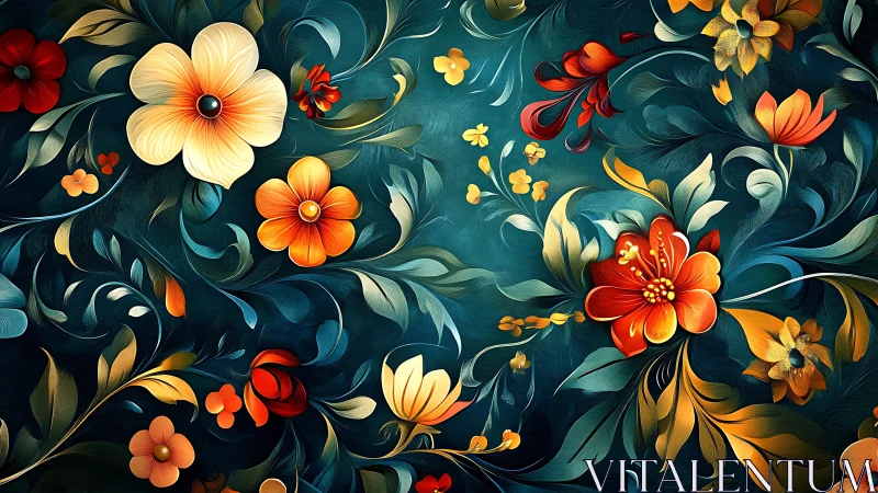 Ornamental Flora Against Teal: Digital Botanical Design.