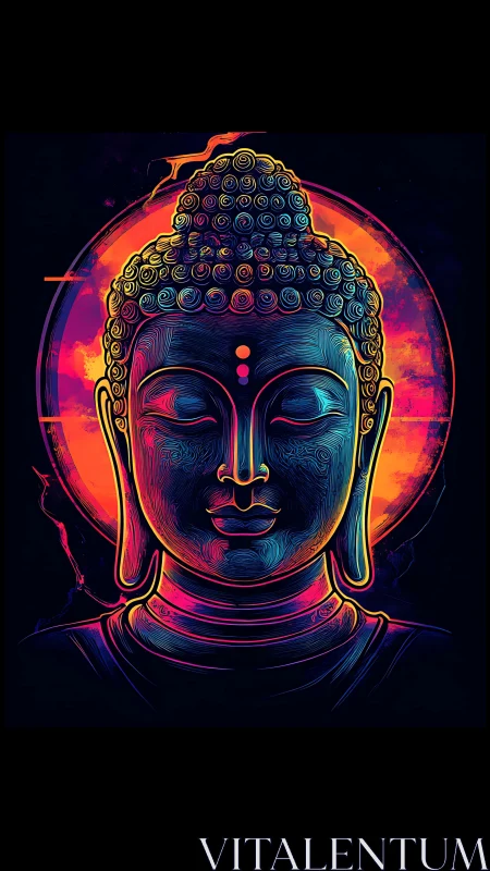 Neon gradient Buddha portrait with halo and vector line engraving