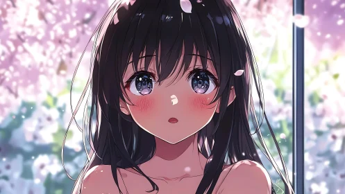 Blushing springtime girl beneath drifting cherry petals.