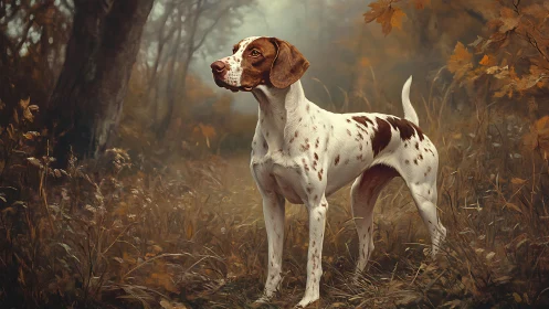 Pointing dog in autumn woodland with soft diffused light.