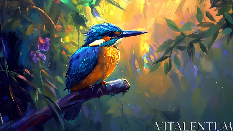 Vibrant Kingfisher Bird on Branch in Lush Forest, Digital Art Style.