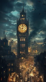 Neo-gothic clocktower cityscape in dramatic digital painting.