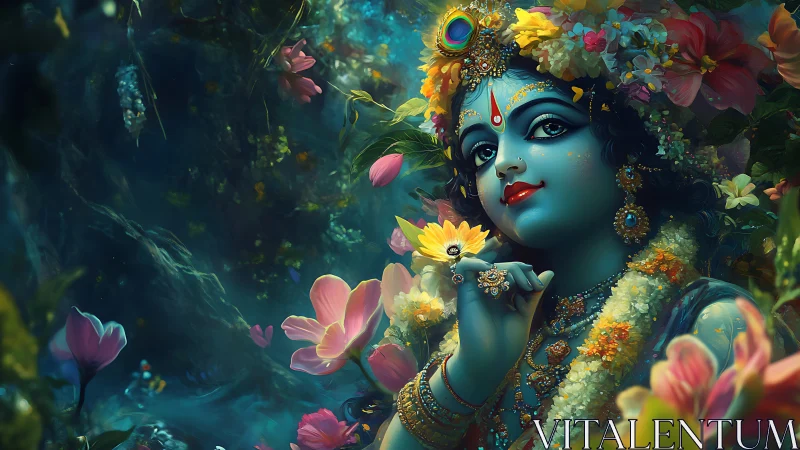 Blue-skinned deity holds yellow flower amid lush blossoms
