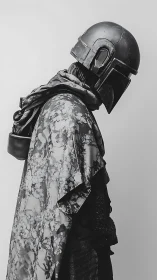 Stoic sci fi wanderer in weathered helmet and patterned cloak.