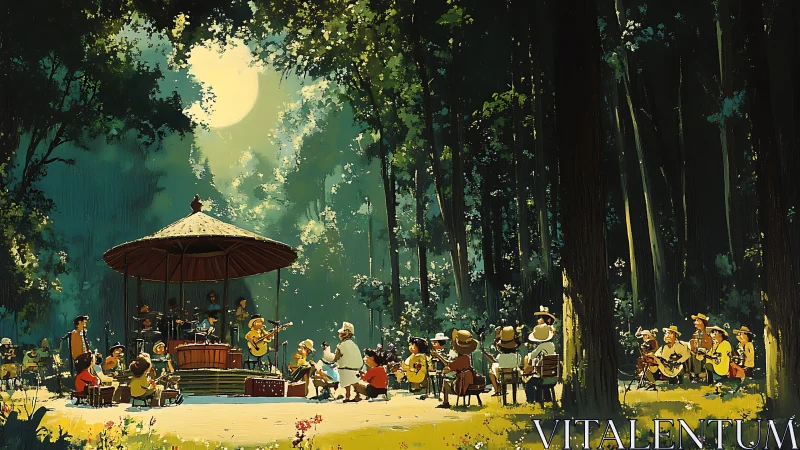 Outdoor band performance in forest clearing under full moon.