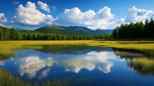 Alpine wetland lake reflects cloud-laden sky in vivid detail