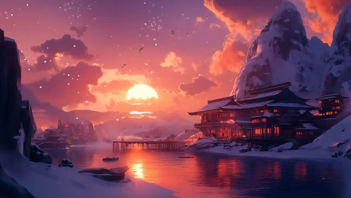 Luminous arctic sunset over tiered pagoda harbor complex.