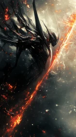 Obsidian void wraith rising through a river of cosmic fire.