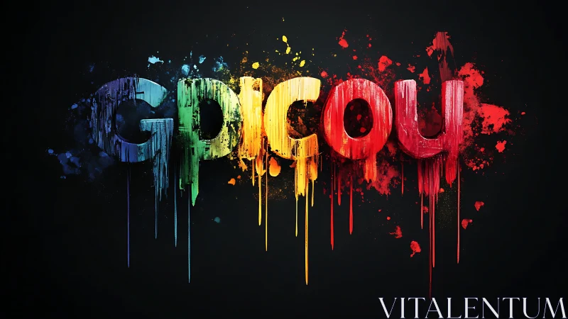 Multicolor paint-drip text lettering is displayed on black