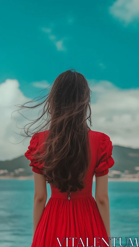 Gentle ocean breeze welcomes a woman in a flowing red dress