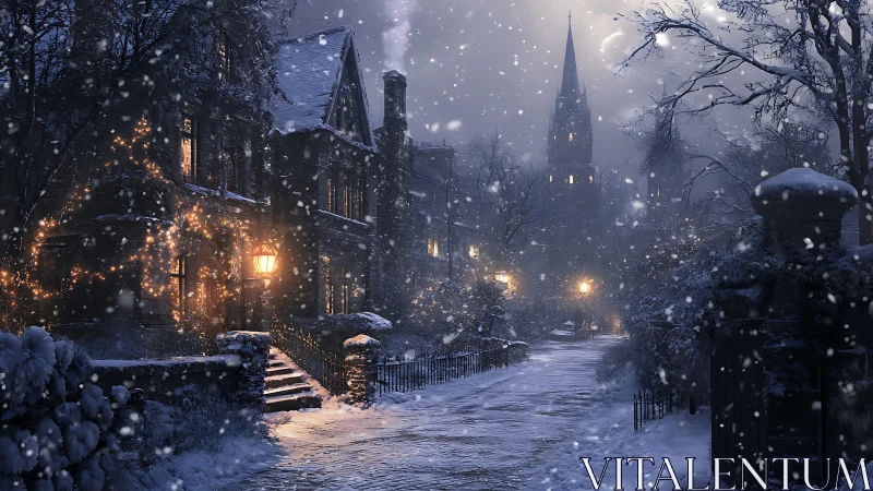 Snow-laden Victorian street renders cinematic nocturnal atmosphere