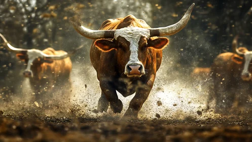 Duststorm longhorn charge under molten sunset haze.