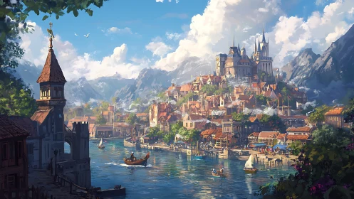 Riverside medieval port city with terraced castle skyline