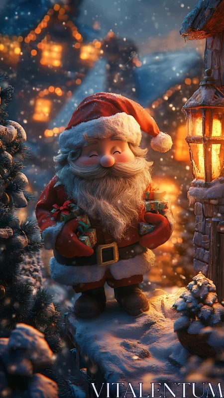 Stylized Santa figurine with gifts in snowy village at dusk
