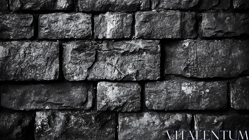 Dark stone brick wall shows rough surface and hard texture