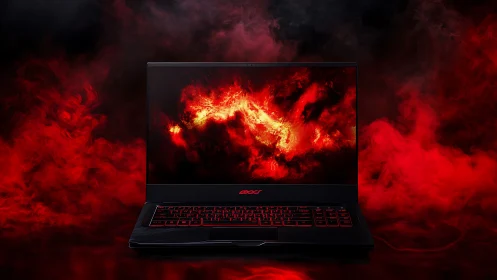 Fiery gaming laptop glows boldly in swirling red smoke