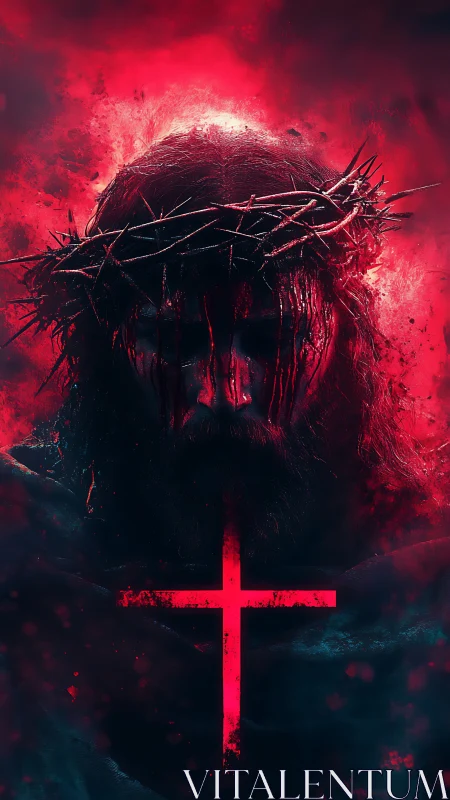 Crowned Christ portrait with neon cruciform glow and scarlet haze