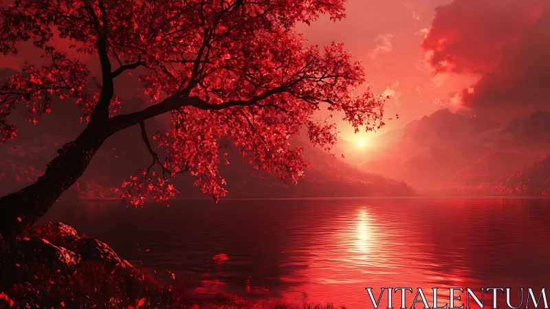 Crimson twilight tree guarding a molten mirror lake sunset.