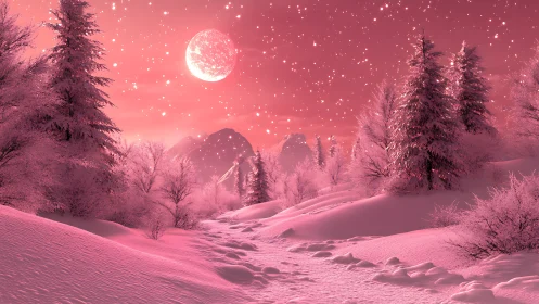 Pink winter forest under luminous moonlit sky.