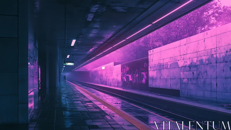 Neon-drenched empty platform under magenta tunnel glow.