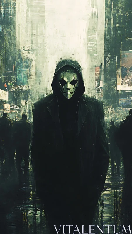 Hooded masked figure stands in dense urban crowd at night