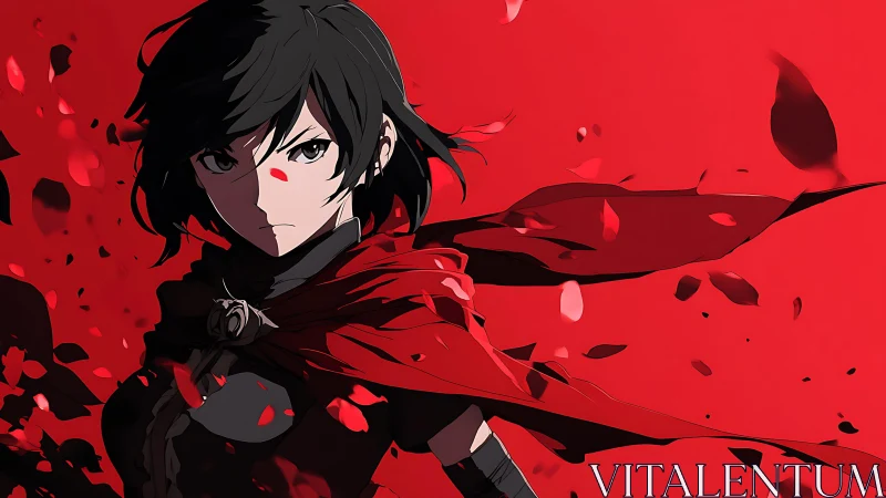 Scarlet-caped anime heroine in dynamic red petal storm.