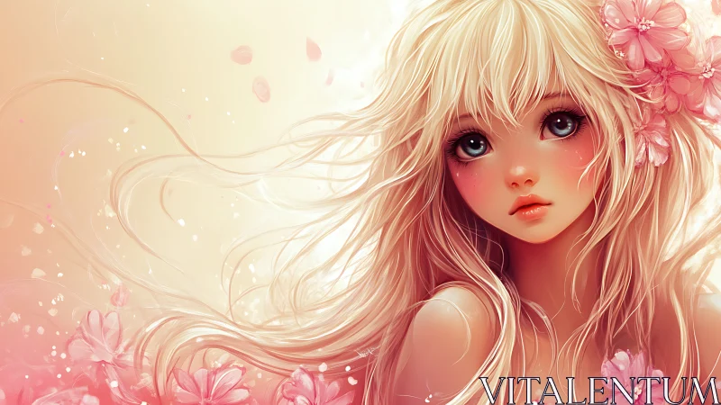 Soft anime girl portrait with flowing hair and flowers.