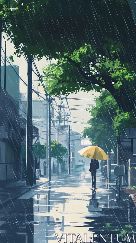 Solitary figure with yellow umbrella on rainy city street.